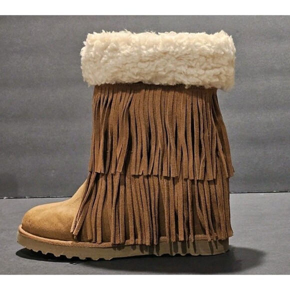 Madden Girl Sleet Fringe Hidden Wedge Boots Faux Fur Suede Chestnut Brown 9.5 M - Picture 9 of 14
